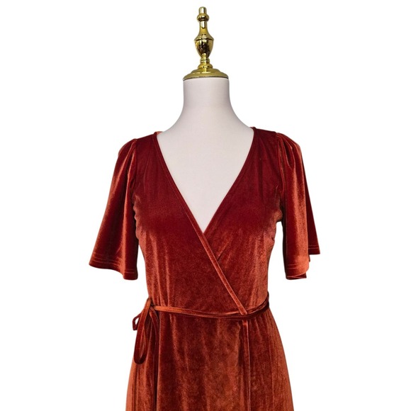 Baltic Born Velvet Wrap Maxi Dress Rust Burnt Orange Flutter Sleeve Size S - Picture 6 of 10
